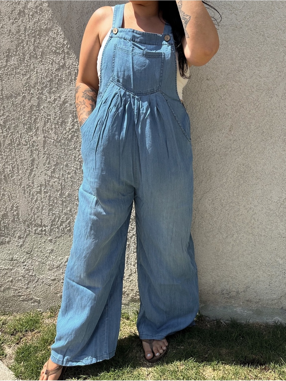 Women's Light Blue Denim Overalls with Wide-Leg Fit